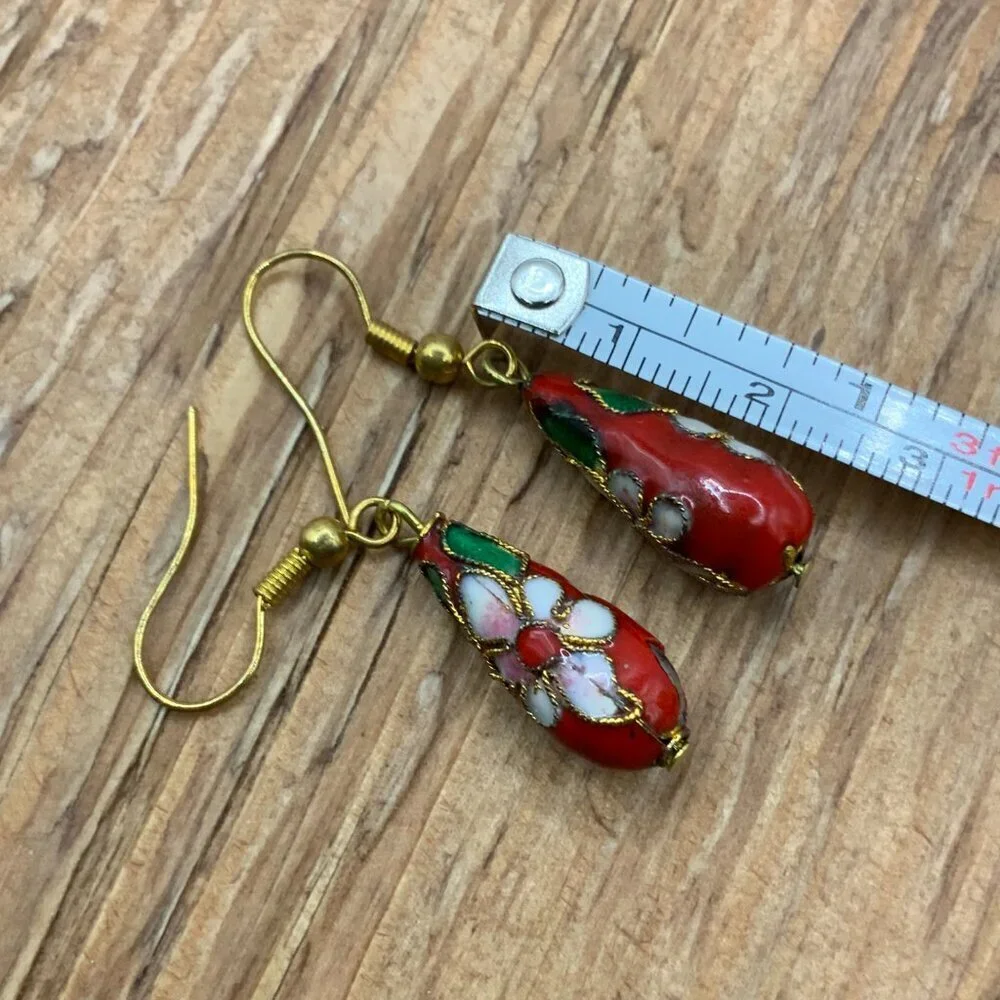 Cloisonne Vintage Red Teardrop Gold Tone Floral Dangling Earrings